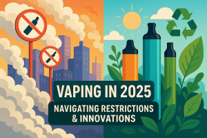 Illustration of vaping regulations and innovations, showing a city with vape clouds and eco-friendly reusable devices, with text: “Vaping in 2025: Navigating Restrictions & Innovations.”